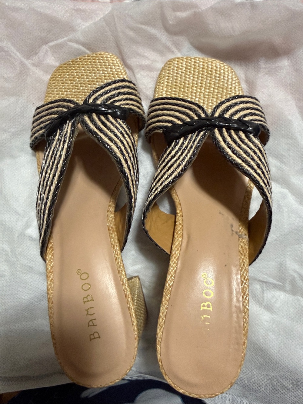 BAMBOO Natural Woven Slide Mules with Black Braided Trim